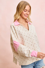 Load image into Gallery viewer, BiBi Floral Print French Terry V Neck Collared Top in Ivory/Pink
