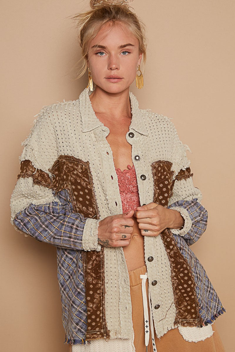POL OVERSIZED Mixed Fabric Button Down Shacket in Oatmeal Multi – June Adel