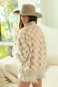 BiBi Checkered Sherpa and Corduroy Contrast Zip Up Jacket in Ivory/Latte