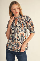 Jodifl Smocking Detail Boho Print Blouse in Black/Grey