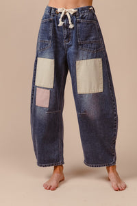 BiBi Multi Colored Patchwork Denim Barrel Jeans in Denim