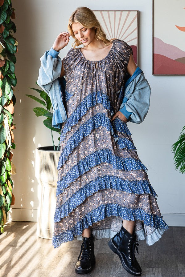 Oli & Hali Mixed Floral Print Layered Maxi Dress in Blue – June Adel