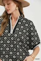 Umgee Jacquard Floral Textured Contrast Trim Pullover Top in Black