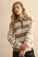 Miou Muse Soft Knit Striped Polo Top in Tan/White