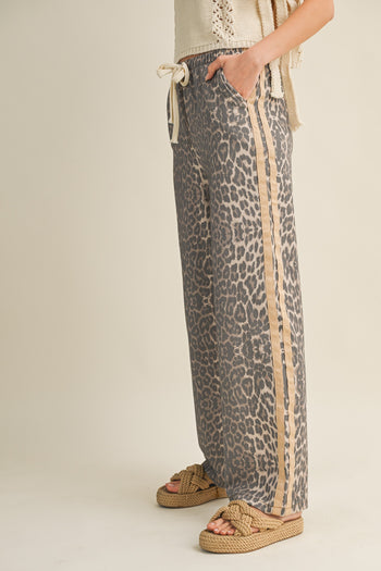 LovLov Luxe Leopard Relaxed Pants With Side Trim in Leopard/Taupe