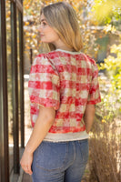 VOY Solid Ribbed Band Bubble Sleeve Plaid Top in Red
