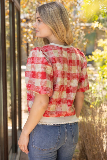 VOY Solid Ribbed Band Bubble Sleeve Plaid Top in Red