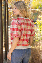 Load image into Gallery viewer, VOY Solid Ribbed Band Bubble Sleeve Plaid Top in Red
