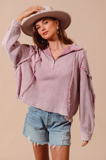 So Me SEMI-CROPPED Knit and Thermal Mixed Fabric Top in Mauve
