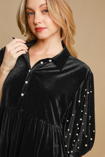Umgee Velvet Tunic Top with Pearls in Black