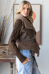 Oli & Hali Faux Fur and Leather CROPPED Jacket with Cable Knit Sweater Sleeves in Chocolate