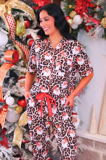 Jess Lea Bow Santa Safari Chic Ruffle Pajama Set in Leopard
