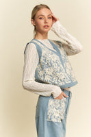 Davi & Dani Casual Textured Lace and Denim Vest in Light Denim Blue