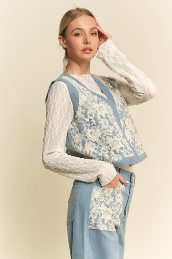Davi & Dani Casual Textured Lace and Denim Vest in Light Denim Blue