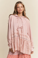 J.nna Mixed Fabric Lace Trim Hooded Jacket in Baby Pink