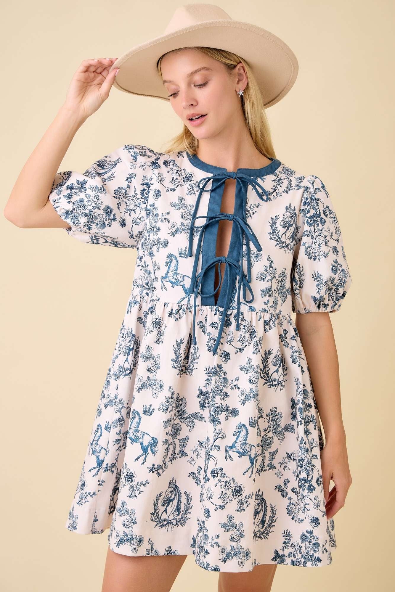 Main Strip Vintage Horse Toile Print Denim Mini Dress in Dark Navy S at June Adel