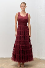 Load image into Gallery viewer, Polagram Sleeveless Tiered Tulle Ruffle Maxi Dress in Wine
