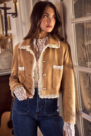 So Me Suede Jacket with Contrasting lace Trim in Camel