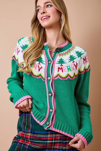 day+moon Christmas Fair Isle Knit Cardigan in Green Multi