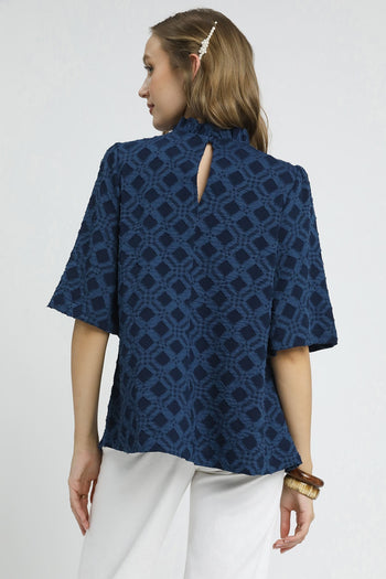 Umgee Jacquard Textured Lattice Pattern Top in Navy