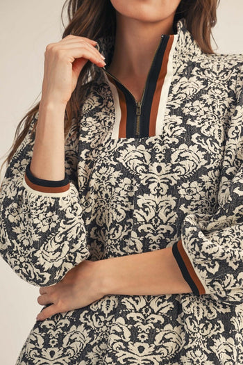 Jodifl Front Half Zip Up Baroque Floral Pattern Dress in Black