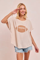 BiBi Solid Color Waffle Knit Top with Football Patch Front in Oatmeal