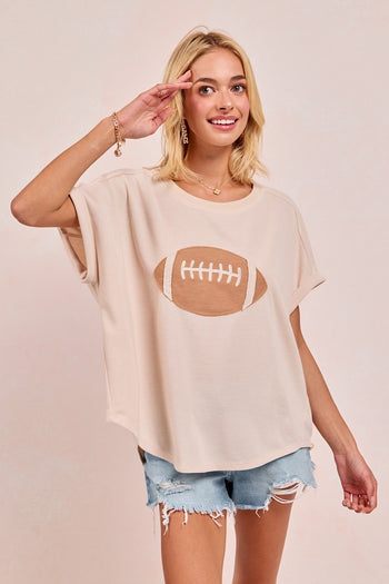 BiBi Solid Color Waffle Knit Top with Football Patch Front in Oatmeal