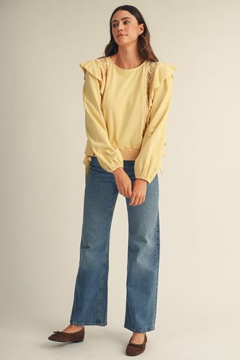 LovLov Romantic Lace Casacade Pullover Top in Butter Yellow