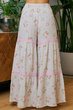 Load image into Gallery viewer, BiBi Smocked Waistband Rose Printed Gauze Lace Trim Detailed Pants in Taupe/Blush
