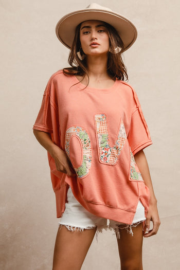 BiBi OVERSIZED Textured Top with Floral LOVE Letter Patched Front in Apricot
