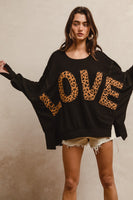 BiBi OVERSIZED Solid Color Top with Leopard "LOVE" Letter Patches in Black