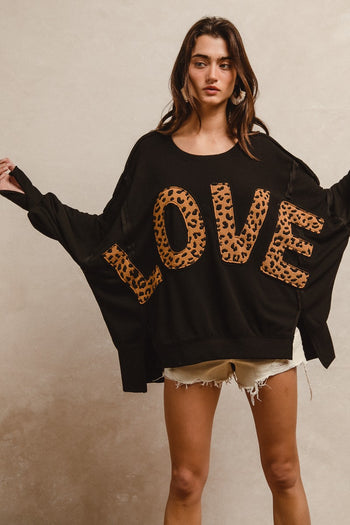 BiBi OVERSIZED Solid Color Top with Leopard "LOVE" Letter Patches in Black