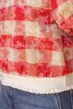 Load image into Gallery viewer, VOY Solid Ribbed Band Bubble Sleeve Plaid Top in Red
