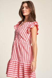 Davi & Dani Solid Geo Striped Button Front Dress in Pink Red Dresses Davi & Dani   