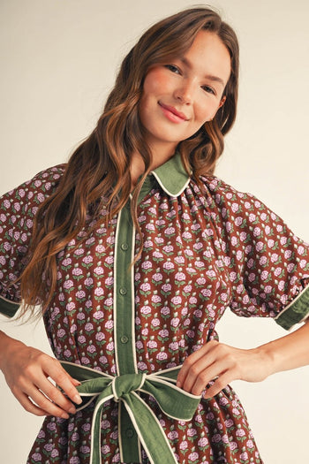 Jodifl Waist Tie Floral Dress in Brown S at June Adel