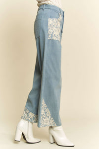 Davi & Dani Denim Pants with Lace Appliques in Light Denim Blue