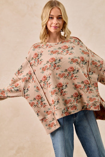 BiBi OVERSIZED Floral Print Waffle Knit Top in Taupe ON ORDER