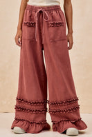 BiBi Washed Denim Wide Leg Pants with Ruffles in Washed Burgundy