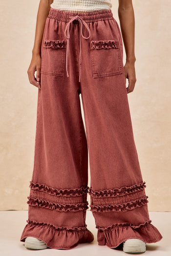 BiBi Washed Denim Wide Leg Pants with Ruffles in Washed Burgundy