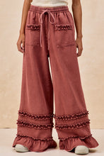 Load image into Gallery viewer, BiBi Washed Denim Wide Leg Pants with Ruffles in Washed Burgundy
