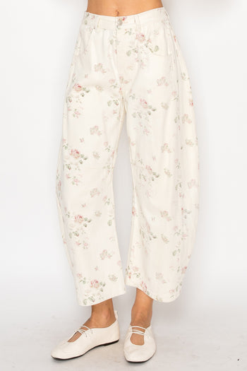 STITCH & Co Floral Barrel Pants in Cream Rose