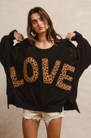 BiBi OVERSIZED Solid Color Top with Leopard "LOVE" Letter Patches in Black