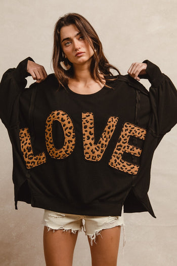 BiBi OVERSIZED Solid Color Top with Leopard "LOVE" Letter Patches in Black