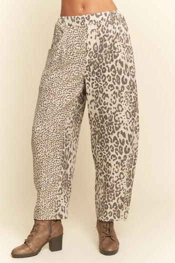 Davi & Dani Leopard Print Barrel Pants in Taupe Leopard