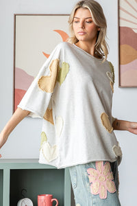 Oli & Hali Mineral Washed Top with Heart Patches in Melange Grey