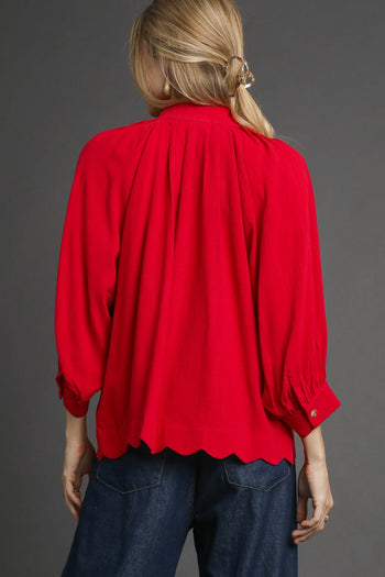 Umgee Solid Color Linen Blend Boho Top in Red