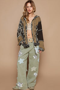 POL SEMI-CROPPED Leopard Print Hooded Top in Olive