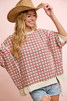 BiBi OVERSIZED Lightweight Knit Retro Floral Print Top in Cream/Red Flower