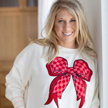 August Bleu Valentine's Day Pink and Red Checkered Bow Sweatshirt in Belgian Cream