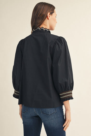 Jodifl Embroidered Scallop V Neckline Solid Top in Black